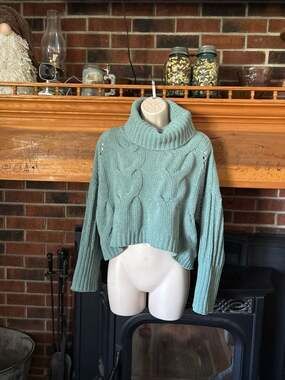 Moon & Madison Sage Green Chenille Cable Knit Cropped Turtleneck Sweater